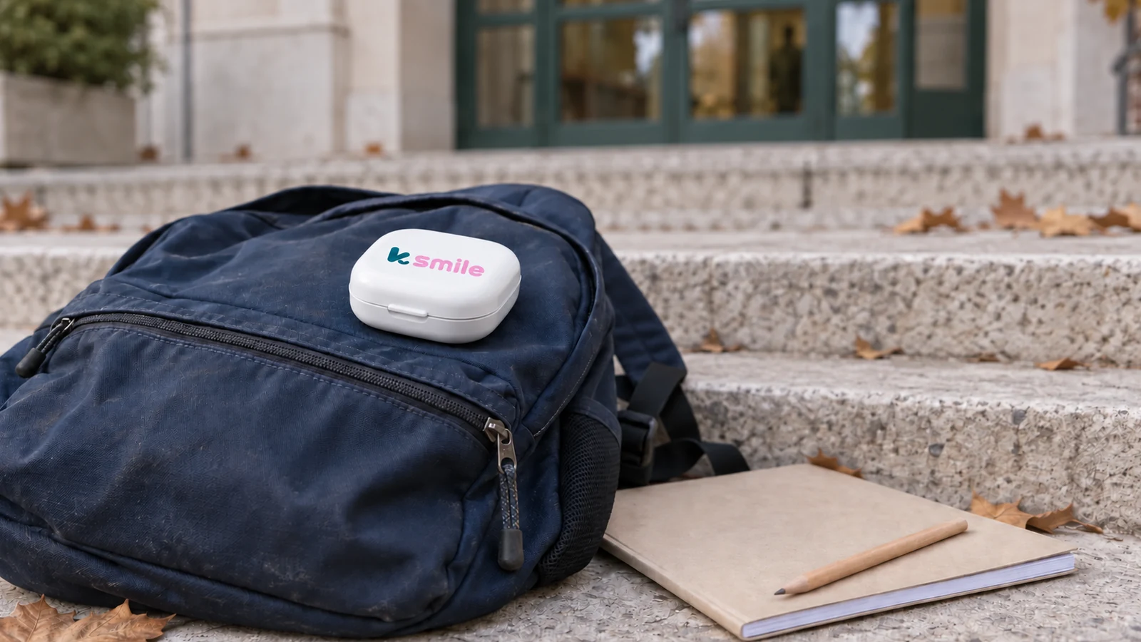 Custodia per allineatori appoggiata sullo zaino di uno studente