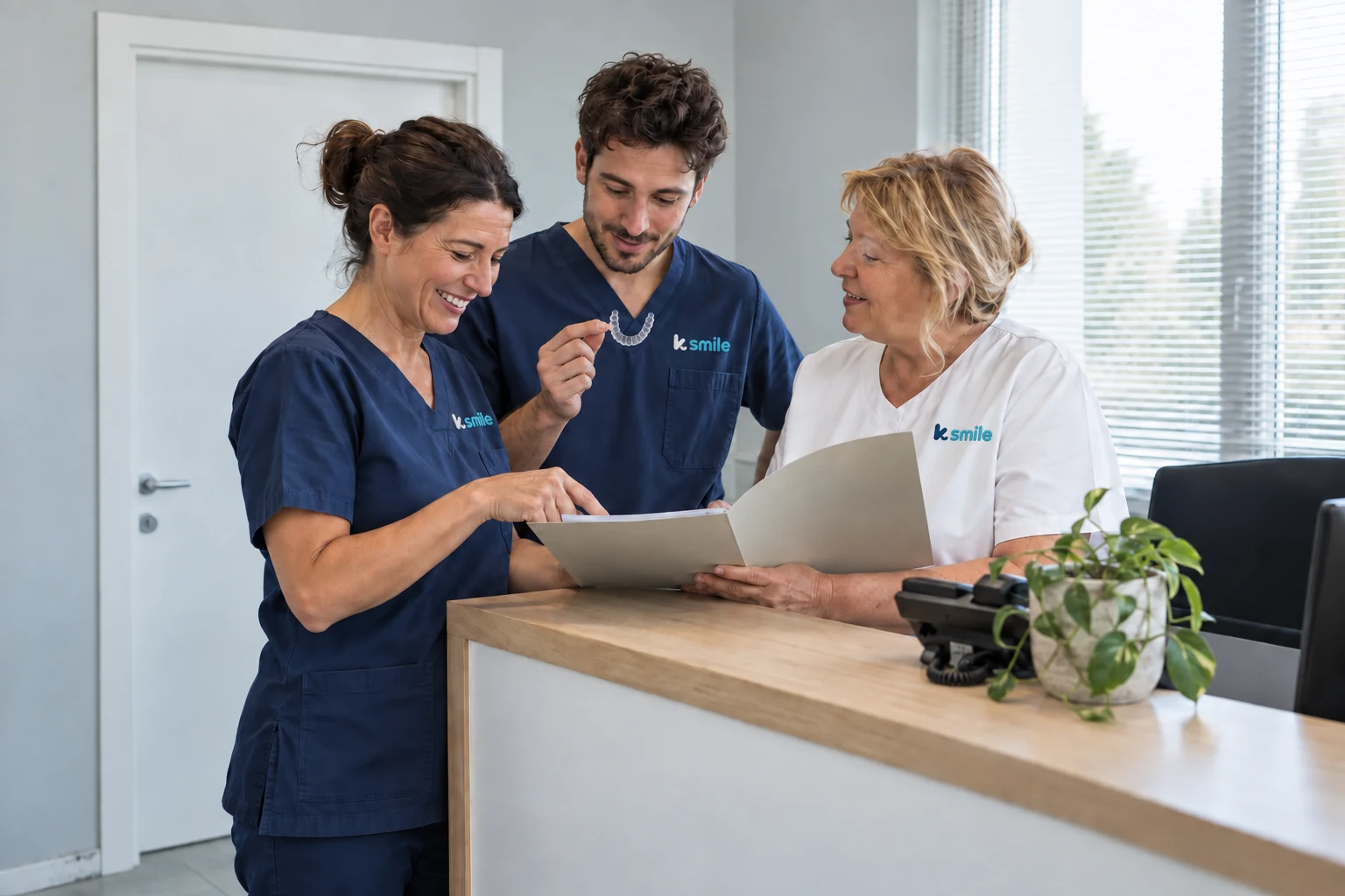 Tre membri dello staff KSmile alla reception osservano insieme una cartella con le informazioni del percorso.
