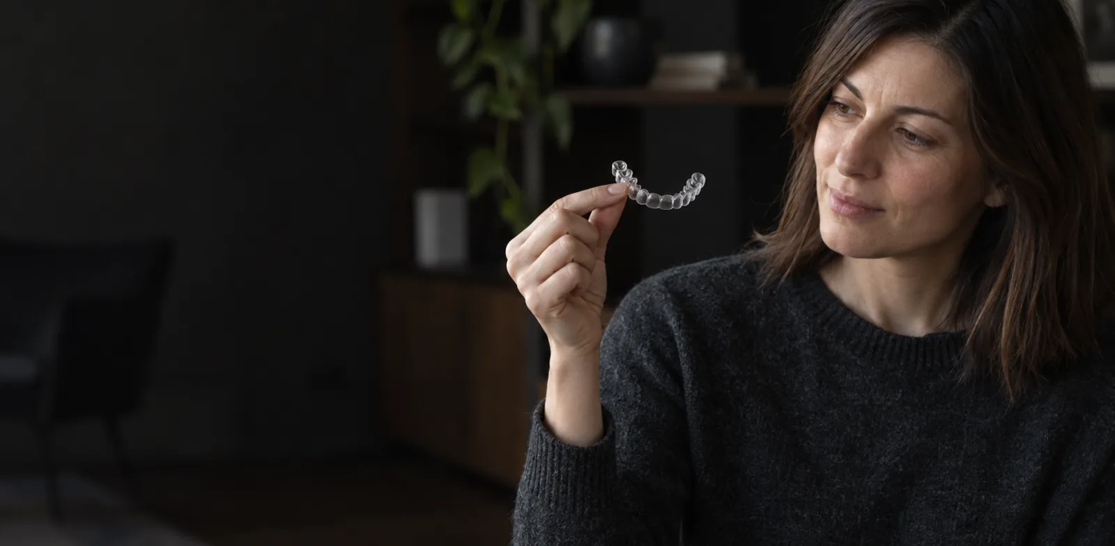 Donna adulta che osserva un allineatore trasparente tenuto tra le dita