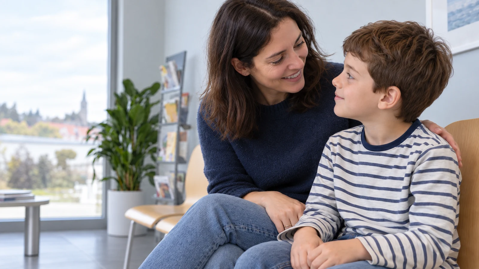 Un bambino accanto a un’adulta che indossa un allineatore trasparente