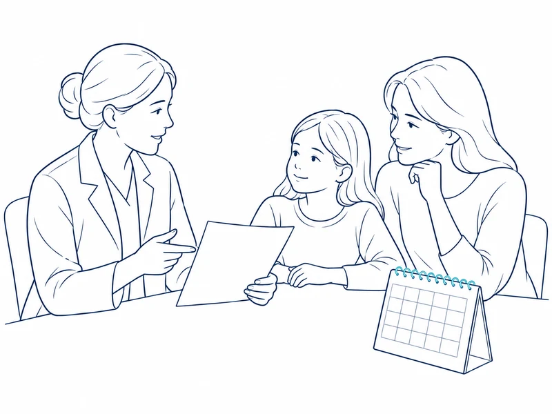Bambino, genitore e professionista osservano una scheda di monitoraggio e un calendario senza date